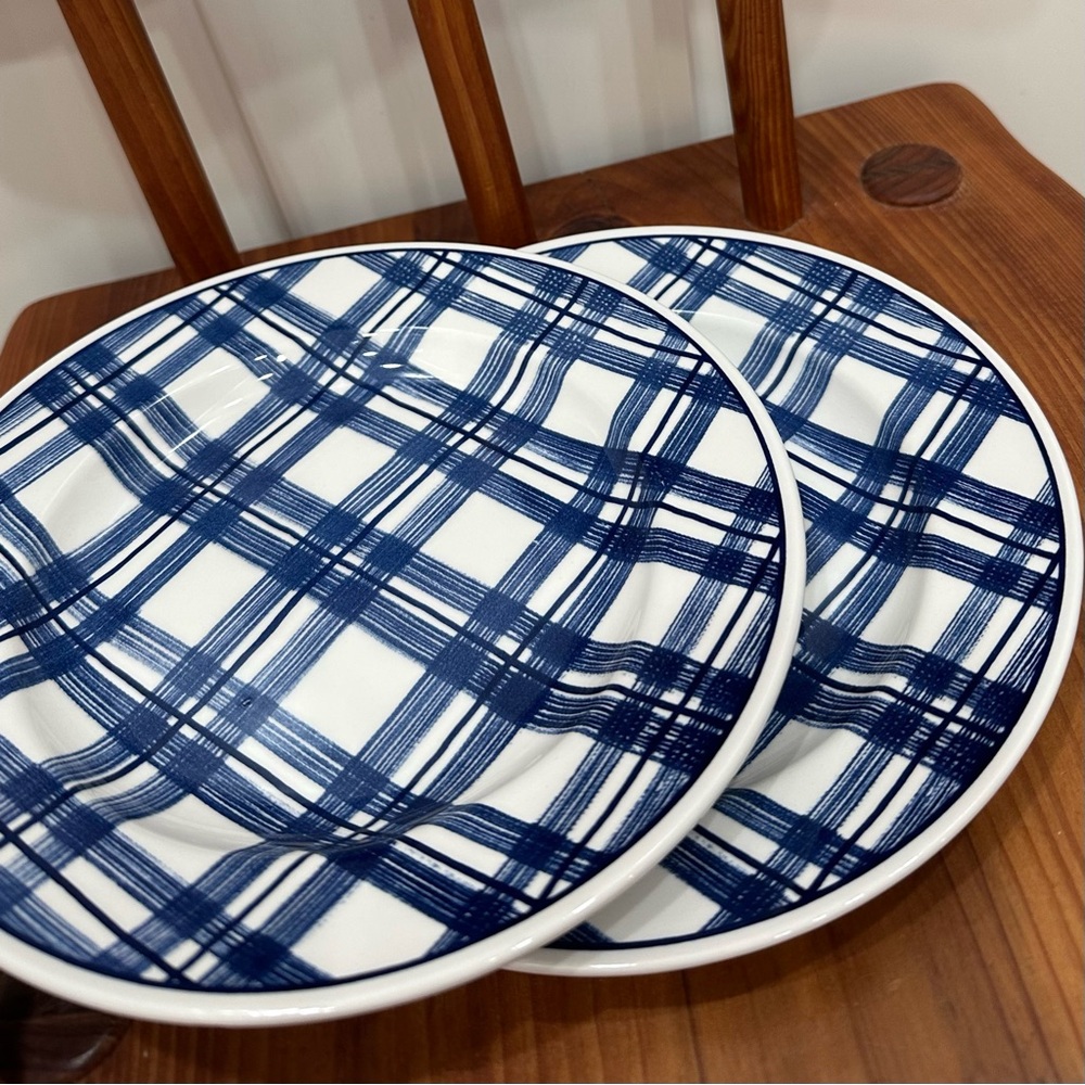 Set of 2 IKEA Churchill Blue Plaid Band 8in Plates Vintage Made in Great Britain